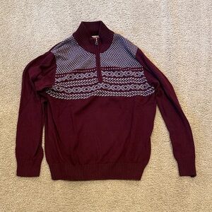 Men's Burgundy and Gray Patterned Zip-Up Sweater